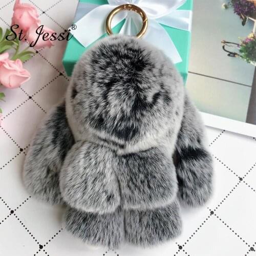 18CM 100% Real Rabbit Fur Leather Cute Plush Bunny Rabbit Keychain Ladys Girls Bag Car Key Pompom Pendant Accessories Keyring