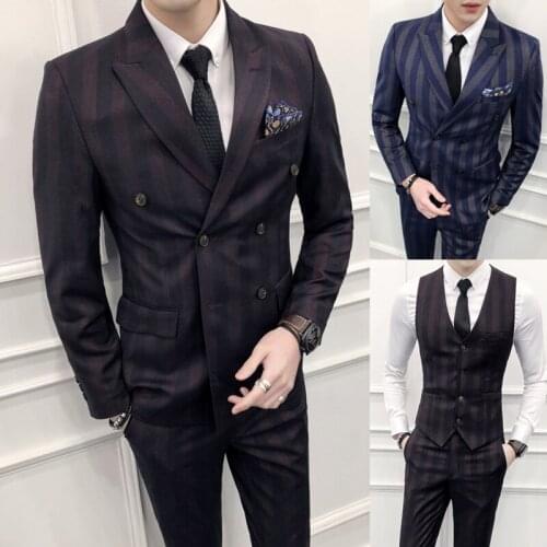 Brand Double Breasted Striped Mens Suits Groom Prom Wedding Suit 3 Pieces 2020 Slim Fit Blazer Business Tuxedo Jacket Vest Pants
