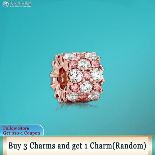 Ahthen S925 Sterling Silver Beads Pink & Clear Sparkling Charms fit Original Pandora Bracelets Women DIY Jewelry Making