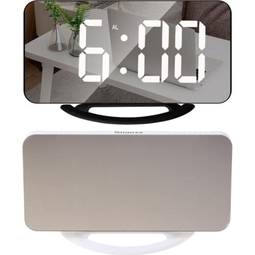 Electric LED Digital Alarm Clock Makeup Mirror with Dimming Mode, Dual USB Ports