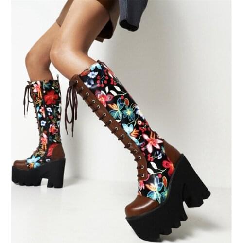PXELENA Floral Ethnic Women Punk Rock Gothic Riding Knight Knee High Boots 2022 Winter Thick Sole Chunky Heels Platform Shoes 44