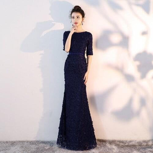 Bridesmaids Dresses Vintage O-Neck Short Sequined Tulle Lace A-Line Embroidery Luxury Navy Blue Women Wedding Party Gown E796