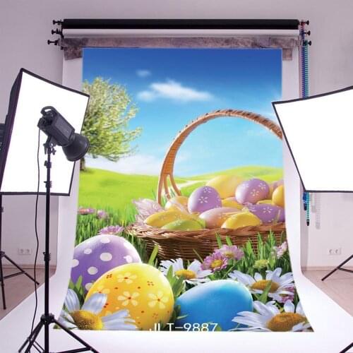 Photography Backdrops Easter Theme Eggs Grass Field Flowers Basket Blue Sky White Clouds Sunshine Background