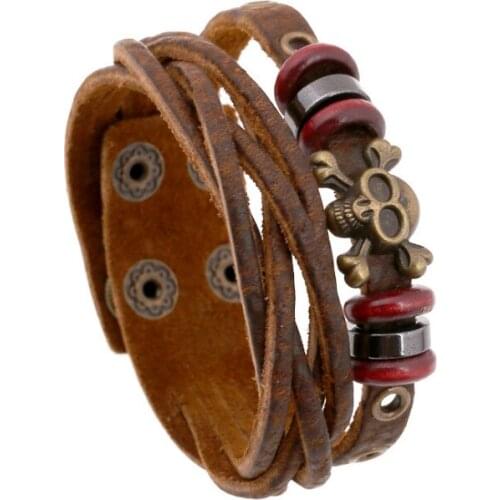 Punk Rock Gothic Skull Leather Bracelet Cuff Vintage Skeleton Charms Multilayer Bangle Retro Wristband Fashion Women Men Jewelry