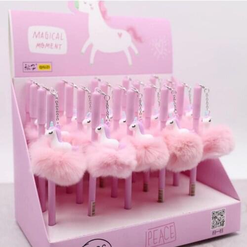 Kawaii Unicorn Ball Plush Pendant Gel Pen Cute 0.5 mm black Ink neutral Pen Promotional Gift Stationery School Supplies