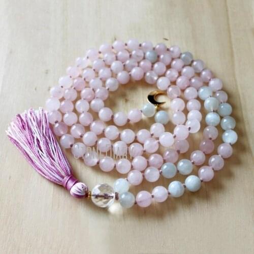MN36767 Moonstone Rose Quartz 108 Knotted Mala Tassel Necklace Yoga Jewelry Meditation Beads Spiritual Jewelry Boho