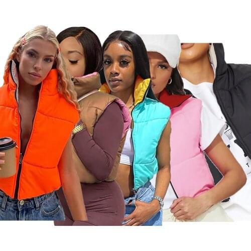 Fashion Winter Vest PaddedJackets Sleeveless Warm Puffer Reversible Coats With Zip Funnel Neck Sporty Casual Parkas 2021 Women