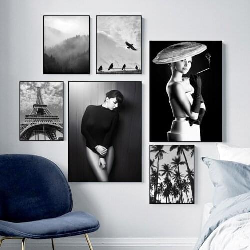 Landscape Forest Wall Art Canvas Painting Black White Scenery Art Poster And Print Bird Tower Mountain Wall Picture Decor HD2988