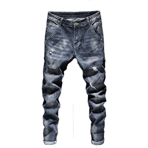 Casual Retro Man Trousers Hiphop Jean Homme Biker Jeans Men Dark Blue Stretch Slim Fit Ripped Distressed Streetwear Denim Pants