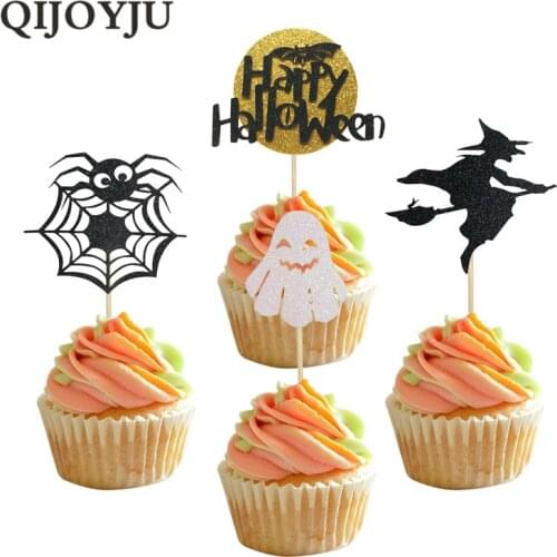 QIJOYJU 6Pcs Halloween Cupcake Topper Boo Ghost Elf Ghost Spider Bat Shape Cupcake Liners Halloween Party Decoration Supplies
