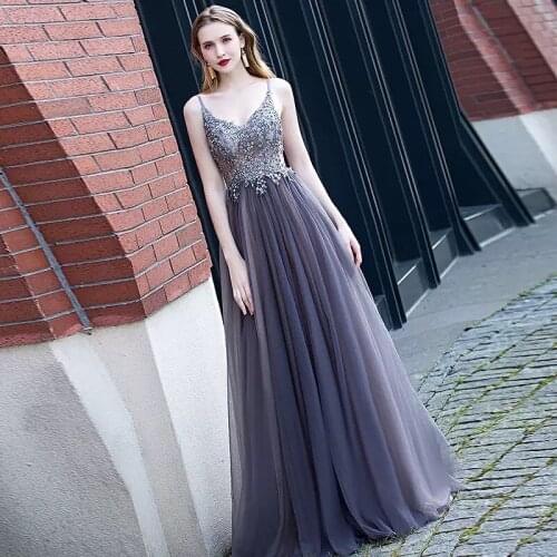 Beaded V-Neck Spaghetti Strap Evening Dress Luxury Sexy Sleeveless A Line Long Party Prom Gowns For Wedding Graduation Ceremony