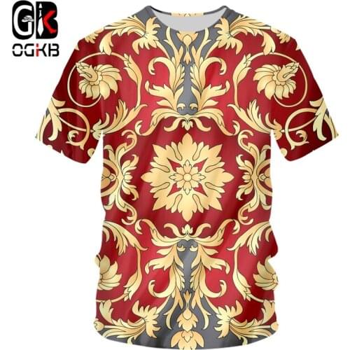 OGKB Shirt New Summer T-shirt 3D Digital Printing T-shirt Men And Women Retro Luxury Royal Floral Gold Flower T-shirt