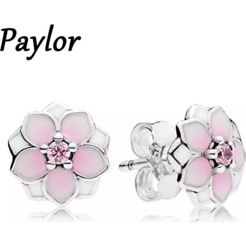 Paylor Unique Cherry Blossoms Flower Womens Stud Earrrings Silver Color Zirconia Rhinestone Exquisite Jewelry Dropship