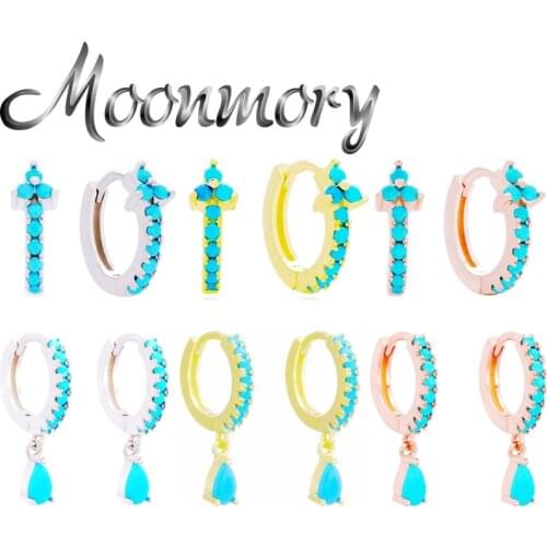 Moonmory 925 Sterling Silver Turquoise Bead Hoop Huggies Earrings For Women Accessories Horse Eye Round Earring Charm Jewelry