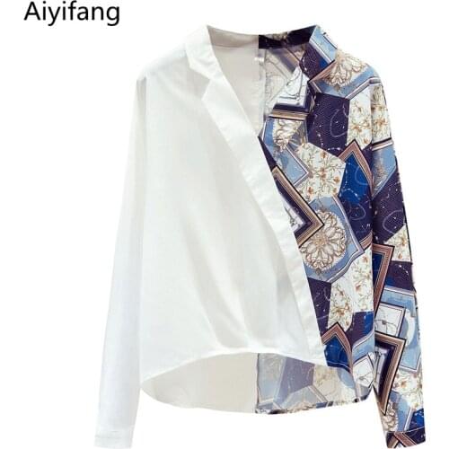 Chiffon Blouses Spring Runway Women Vintage Print Hit Color Patchwork OL White Shirts Tops Plus Size Blusas Mujer V-Neck Clothes