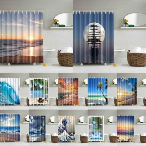 Ocean Seascape Pattern Polyester Bath Shower Curtains Waterproof Fabric Bathroom Decor Hanging Cloth Curtains With Hooks