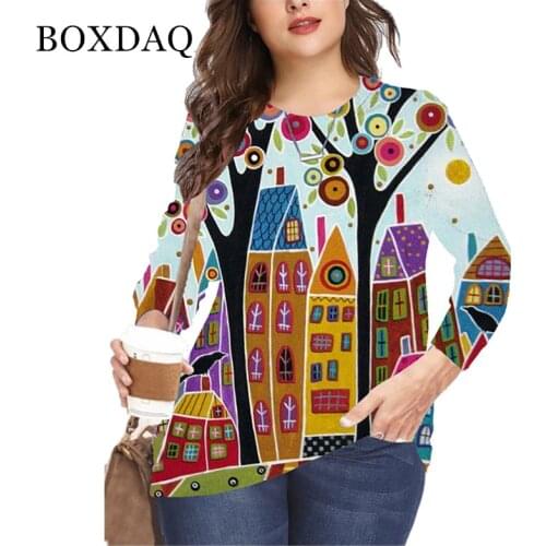 Oversized Women Clothes 2021 3D Abstract Cartoon House Print T Shirt Long Sleeve Tops Casual Streetwear Autumn Shirt Plus Size