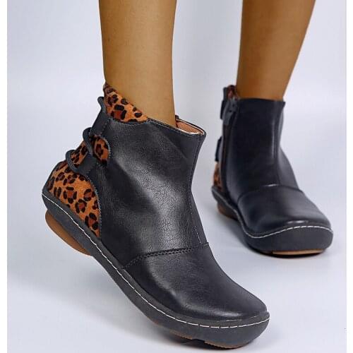 Womens Shoes Autumn Ankle Boots Fashion PU Leather Side Zipper Ladies Botas Leopard Print Female Flat Women Footwear New