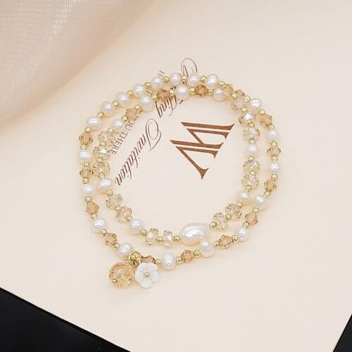 2 Circles Shell Flower 5-6mm Natural Freshwater Pearls Champagne Crystal Beaded Bracelets for Women Fashion Jewelry YBR550