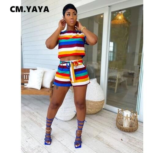 CM.YAYA Women Set Stried Short Sleeve Crop Tops Shorts Bandage Sashes Casual Tracksuit Fitness Sweatsuit Summer Outfits Sporty