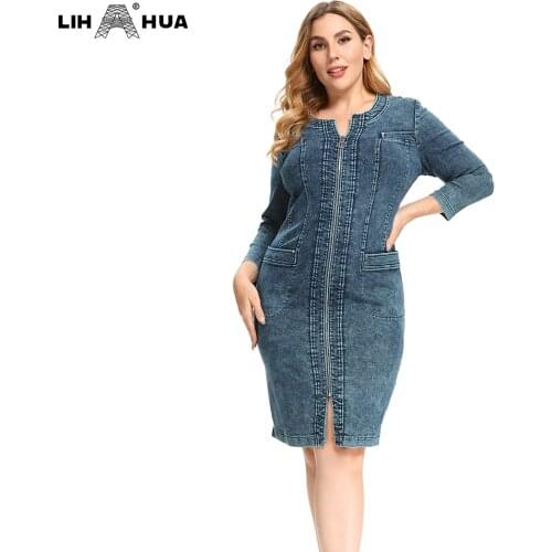 LIH HUA Womens Plus Size Denim Dress High Flexibility Slim Fit Dress Casual Knitted Dress