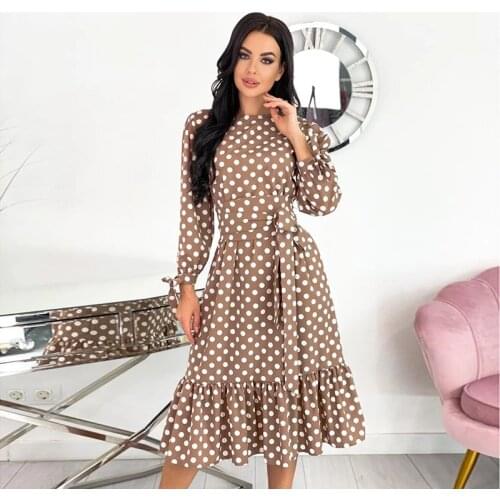 Women Casual Sweet A-line Dot Printed Prom Dress O-neck Belt Ruffles Lantern Long Sleeve Mid Dress 2021 New Fashion Autumn Dress