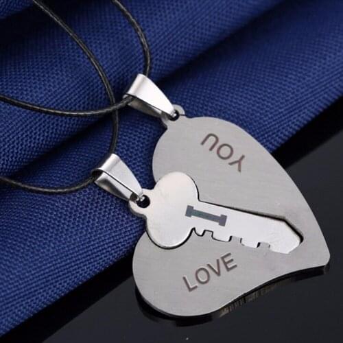 1Pair I Love You Lock Key Heart Stainless Steel Pendant for Couple Necklace