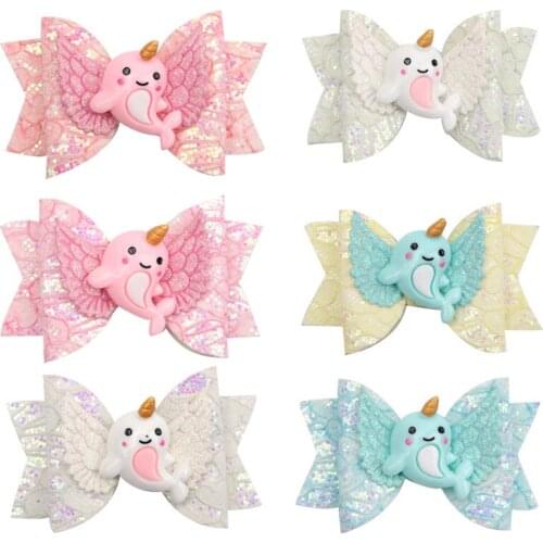 20 Pcs/Lot, 3.2" Glitter Bow Hair Clips With Dolphin Center, 2021 New Childrens Bow Hairpins Baby Girls Hair Accessories