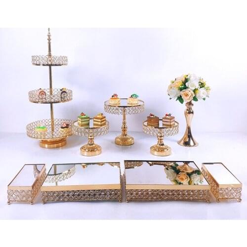 9PCS Gold Mirror Metal Round Cake Stand Wedding Birthday Party Dessert Cupcake Pedestal Display Plate Home Decor