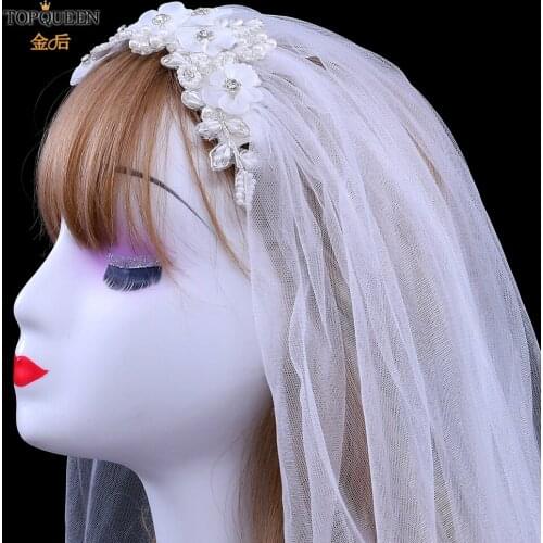 TOPQUEEN VS355 Bridal Veil with Rhinestones Pearls Applique Lace Flower Wedding Bride Accessories wedding Veils for Veiled Women