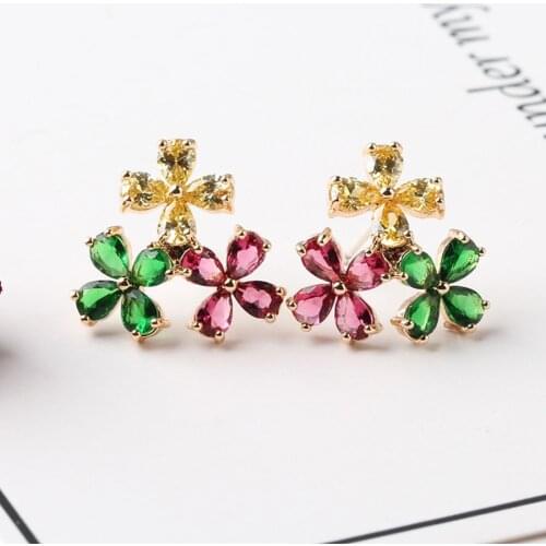 IDESTINY New Multicolor Cubic Zircon Flower Shape Design Ear Piercing Studs Jewlery For Women Gold Color Plated Bijoux Gift