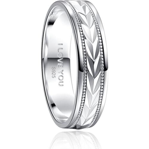 Sterling Silver Groove Leaf Rings for Women Men Silver Color Engrave I Love You Ring Zircon Jewelry Ring Gift