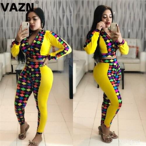 VAZN Yellow Color V-neck Casual Sport Print Lady Sexy 2019 Set full sleeve 2 Piece Sets Night Club Young Lady Sport Sets