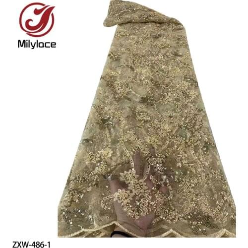 Latest African Lace Fabrics High Quality French Lace Embroidery Sequins 5 Yards Wedding Party Fabric ZXW-486