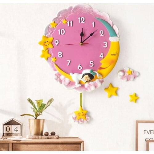 Cute pink fairy style cartoon home wall clock moon little girl swing stars childrens room decorative wall clock