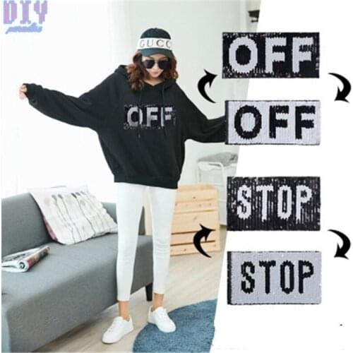 Black STOP Reversible Sequins Sew On Patches for clothes Kids T Shirt Letters Change color Embroidered Reverse Patch