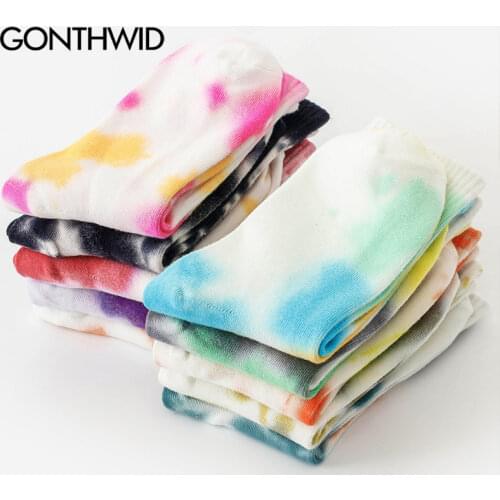 GONTHWID Socks Streetwear Harajuku Multi Color Tie Dye Hip Hop Fashion Casual Men Women Skateboard Cotton Socks