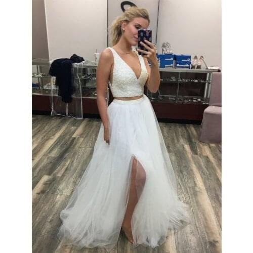 Charming Two Pieces Set Long Party Dresses with Beads V-neck Side Split A-line Homecoming Dress robe de soiree