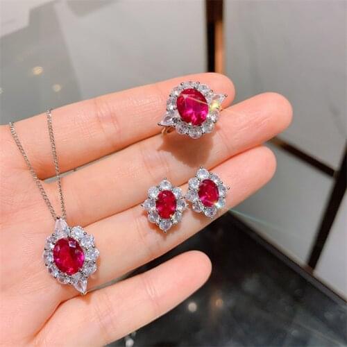 QTT 2021 Trend Simple Jewelry Sets 925 Sterling Silver Egg Red Bling CZ Necklace Ring Earrings Wedding Bridal Accessories Sets