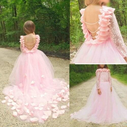 Pink Backless Flower Girls Dresses For Wedding Junior Girls Pageant Gowns Lace Long Sleeves Tulle Princess Prom Party Dresses
