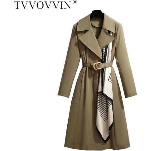 TVVOVVIN Trench Coat Printed Women Scarf Spliced Women Windbreaker Belt Loose Long Women Overcoats Temperament Trench J2EY