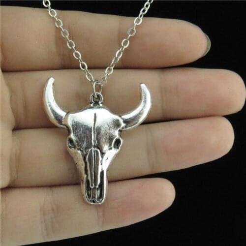 Q2185 Vintage Animal Head of Cattle Long Horn Cow Collar Short Chain Choker Necklace 18" Finding Men Boys Gift Jewelry