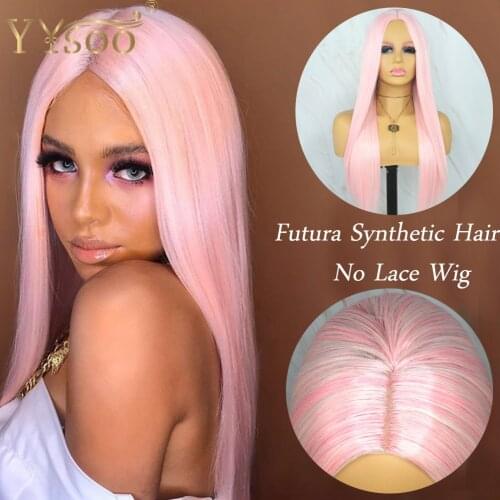 YYsoo Long Silky Straight Futura Synthetic No Lace Wig Pink Highlights Color Middle Part Full Machine Made Pink Wigs For Women