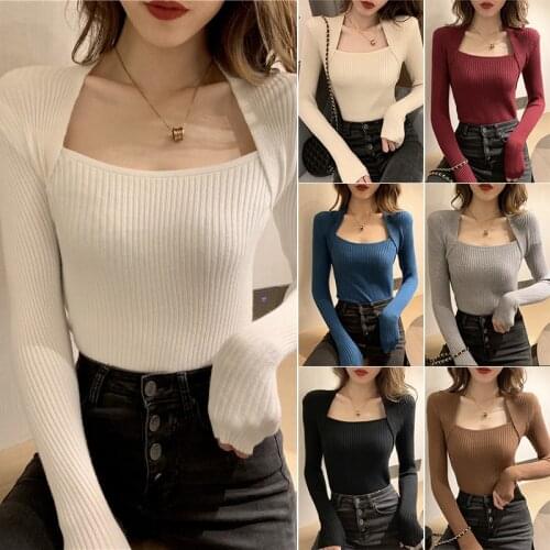 WomenS Bottoming Shirt Exposed Clavicle Sexy T-Shirt Fake 2-Piece Square Neck Slim Top