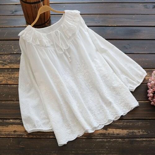 5847 Spring Women Top Literary Vintage Ruffled Collar Drawstring Embroidery Cotton Pullover Long Sleeve Loose Shirt Blouse Women
