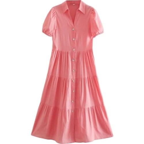 Za Summer vestidos Woman Pink Pleated Long Dresses for Women 2021 Casual Patchwork Short Sleeve Button Up African Midi Dress