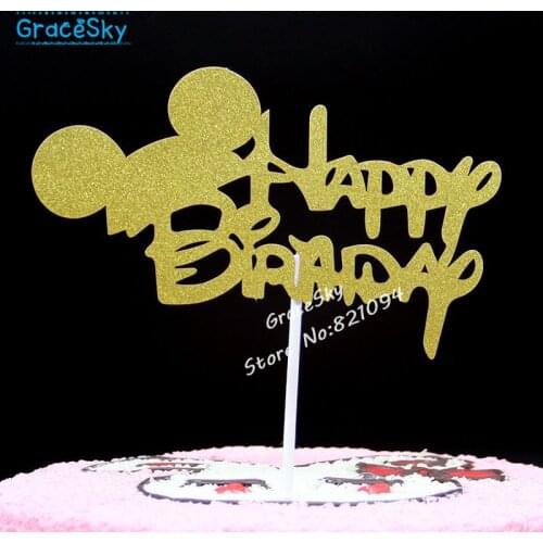 12pcs free shipping Glitter MickeyMouse Happy Birthday design Party Cakes Toppers for Party Favors cupcake picks