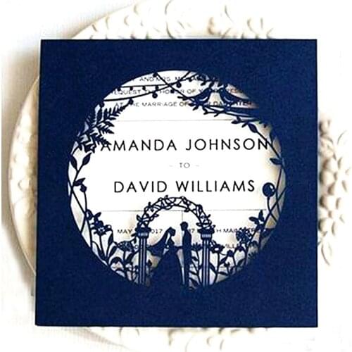 25Pcs Navyblue Bride And Groom Wedding Invitations With Pearl Paper Laser Cut Invitation Greeting Cards Baby Shower Party Supply