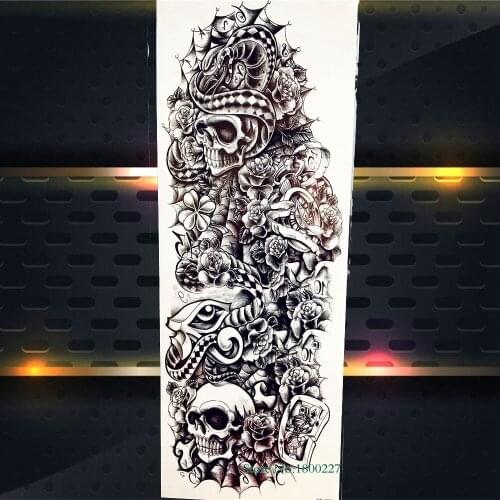3D Full Flower Skull Rose Arm Sleeve Tattoo Sticker For Men WOmen Girl Boy Body Art Painiing Fake Black Temporary Tattoo PQB-021