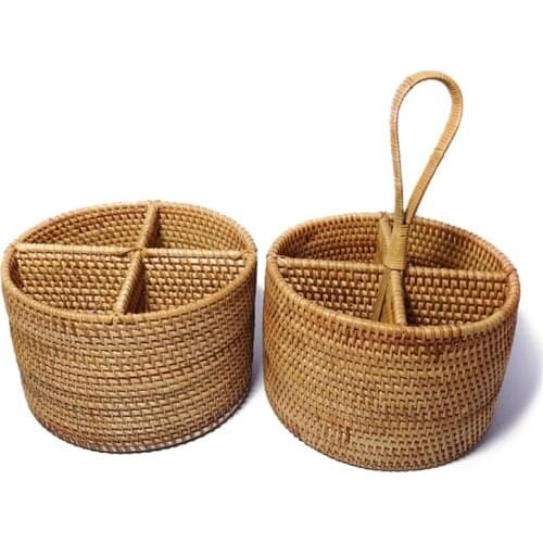 634E Round Hand Woven Storage Basket 4 Compartment Desktop Storage Serving Basket Creative Organizer Household Collection